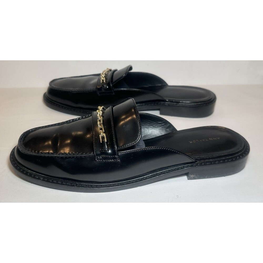 Ann Taylor Black Leather Chain Loafer Mule Slides Women’s Size 9